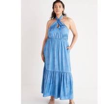 New Anthropologie Tiered Halter Maxi Dress  $158 MEDIUM Blue - £56.62 GBP