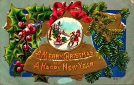 Holly Pine Baugh Bell Ribbon Merry Christmas Gilt Embossed 1910s DB Postcard - £5.49 GBP