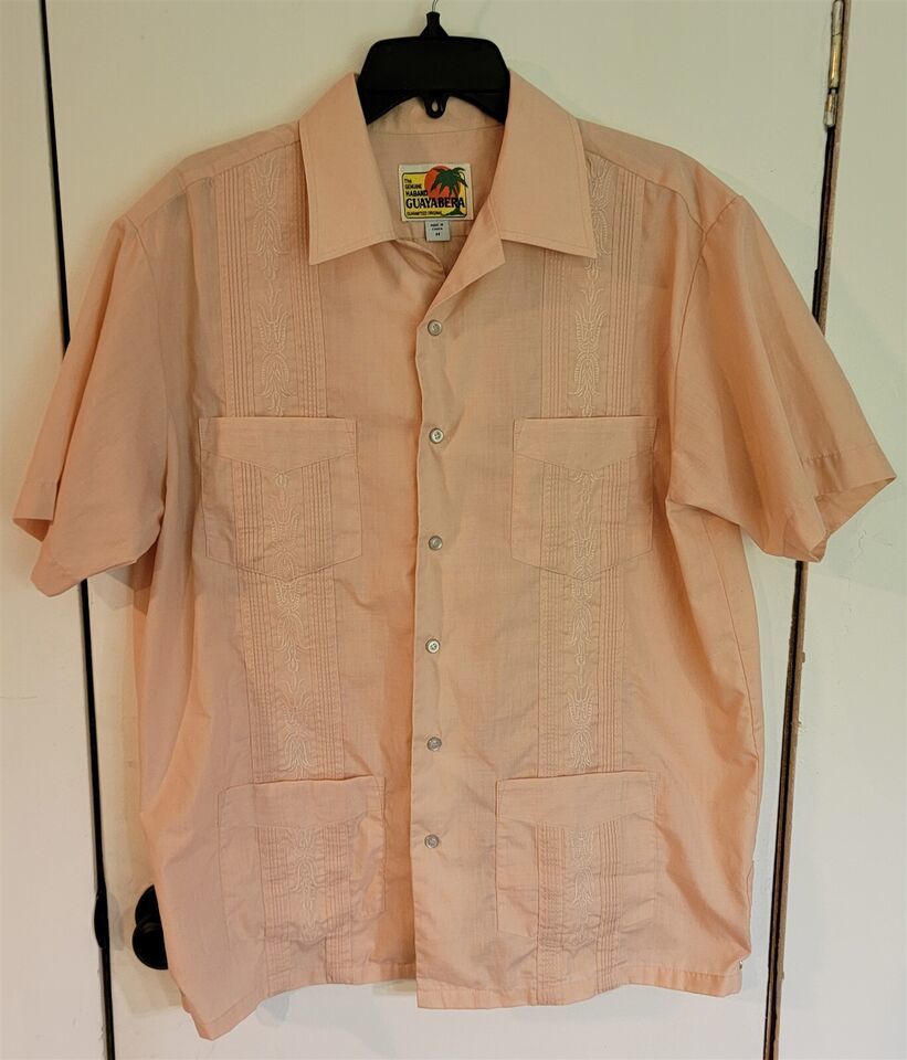 Primary image for Vintage Mens M Haband Guayabera Peachy Pink Short Sleeve Collared Casual Shirt