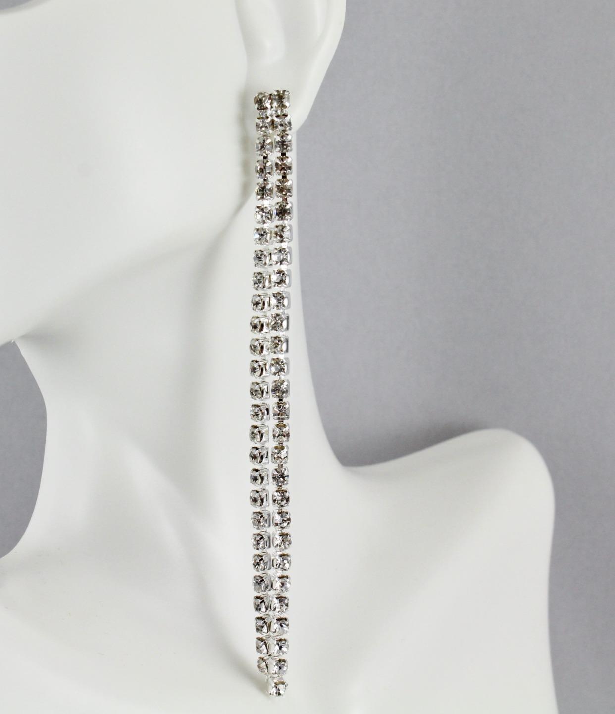 silver crystal dangle earrings 3.75" long skinny 2-line dangly post stud - $7.40