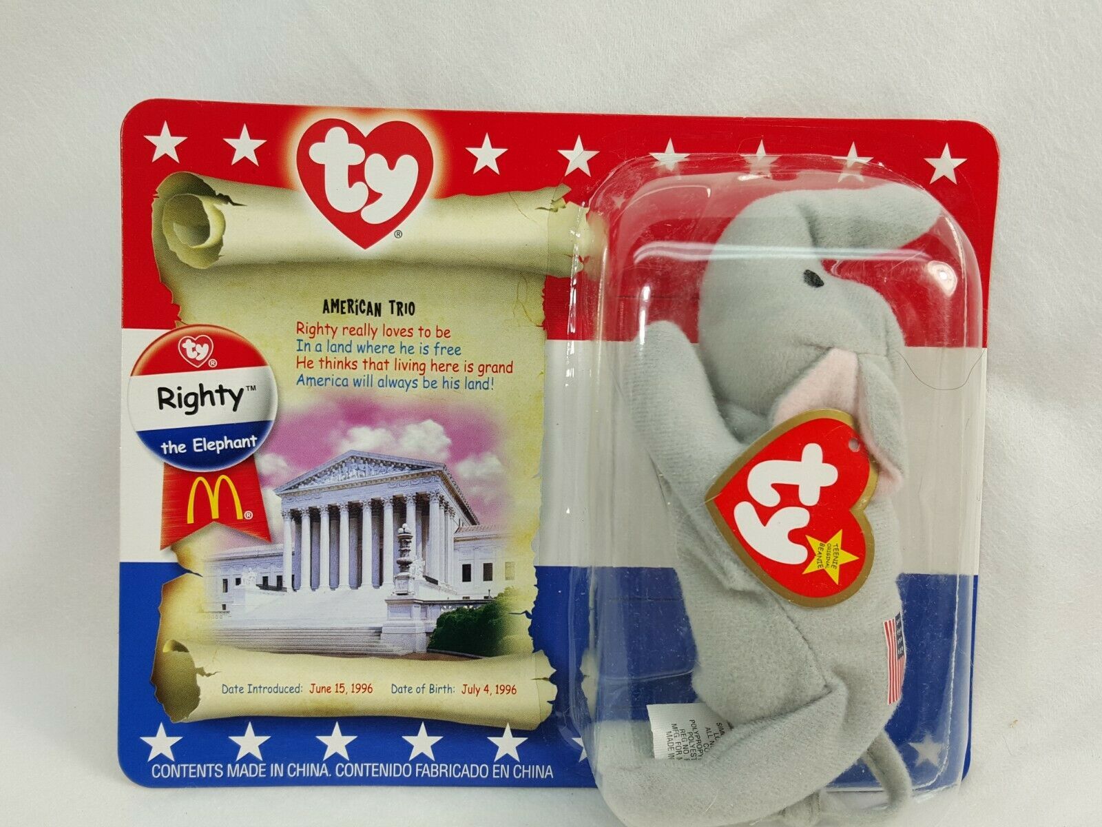 Primary image for TY Teenie Beanie Babies "RIGHTY" The Elephant American Trio New iD92