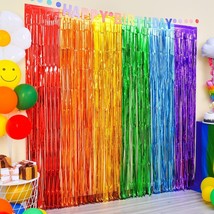 Rainbow Foil Fringe Curtains 2 Pack Rainbow Party Decorations 3.3x6.6ft Tinsel M - £25.92 GBP