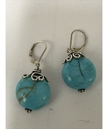 Turquoise Round Stone Drop Earrings with .925 Sterling Silver Spring Lev... - £25.87 GBP