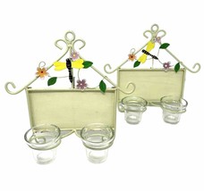 2 Double Wall Sconces Votive Candles Dragonfly Flowers Spring Summer Porch Patio - £20.08 GBP