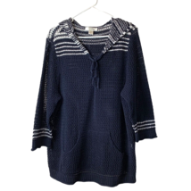 CJ Banks Hooded Sweater Womens Size 1X Open Knit Blue/White Kangaroo Pocket - $17.15