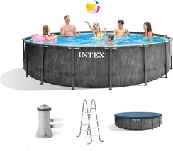 Intex Greywood Prism Frame 15&#39;x48&quot; Round Above Ground Outdoor Swimming Pool Set - £882.10 GBP