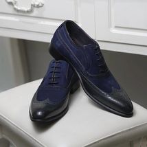 Handmade Men Two Tone Wing Tip Dress Shoes, Men Black and Blue Shoes - $159.99