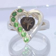 Smoky Quartz Tsavorite Green Garnet Sterling Ladies Ring Size 8 Heart Design 91 - £83.03 GBP
