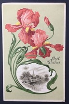 Antique BEST WISHES Postcard Green with Poppy Flowers - £6.30 GBP