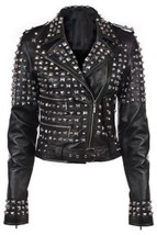 Women Black Punk Style Studded Leather Jacket Ladies Fashion Real Soft Jacket 20 - £179.28 GBP