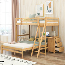 Twin over Full Bunk Bed with Built-in Desk and Three Drawers,Natural  - £522.96 GBP