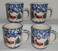 Set (4) Tienshan CABIN IN THE SNOW PATTERN 10 oz Handled Mugs - $23.75