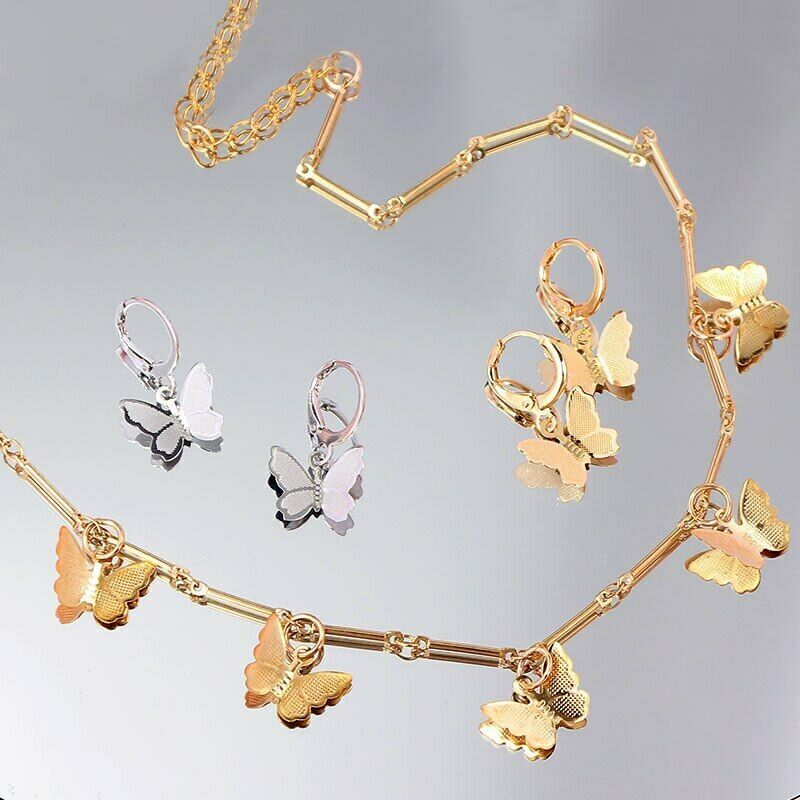 Gold Butterfly Necklace Hoop Dangle Earrings set for Women Girls Party G... - $19.75