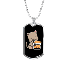 Cute Cat Drinking Necklace Stainless Steel or 18k Gold Dog Tag 24&quot; Chain - £37.84 GBP+