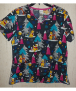 NWT WOMENS Disney Winnie the Pooh WINTER FUN NOVELTY PRINT SCRUBS TOP  S... - £18.52 GBP