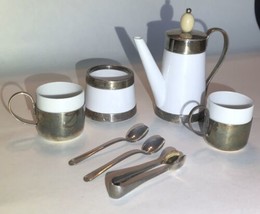 Rare Sarreguemines Tiny Tea Teapot Espresso Set Silver plate 7 Piece Ser... - £112.85 GBP