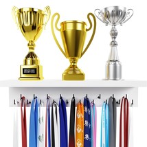 Medal Hanger Display And Trophy Shelf With Hooks - Wooden Medal Holder For Wall  - £43.10 GBP