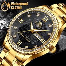 Waterproof Gold Men's Watch Classic Stainless Steel Quartz Business Wristwatch - £23.44 GBP