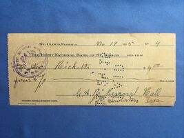 1915 The First National Bank of St. Cloud Florida Obsolete Check Cashed - $19.78