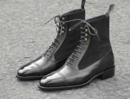 Handmade Men&#39;s Black Leather &amp; Sued Balmoral Lace Up Leather Ankle High Boots - £119.06 GBP