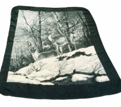 Vtg 80s San Marcos Deer Blanket Snow Winter Scene Reversible Green 95&quot;x79&quot; Trees - £121.21 GBP
