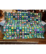 Granny Square Crochet Blanket Handmade Large Afghan Green 73” x 89” FLAW... - $2,398.87 MXN