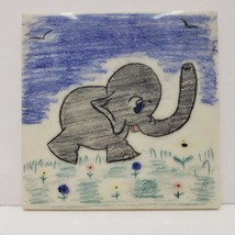 Elephant and Flowers Hand Painted Decorative Ceramic Art Tile 6&quot; Square Vintage - £23.55 GBP