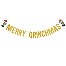 Gold Merry Christmas Banner Holiday Decoration Whoville Xmas Banners - $3.47