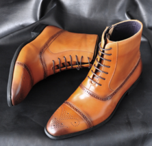 Handmade Men&#39;s Cap toe Tan color side zipper lace up dress boot, Men ankle boot - £118.69 GBP