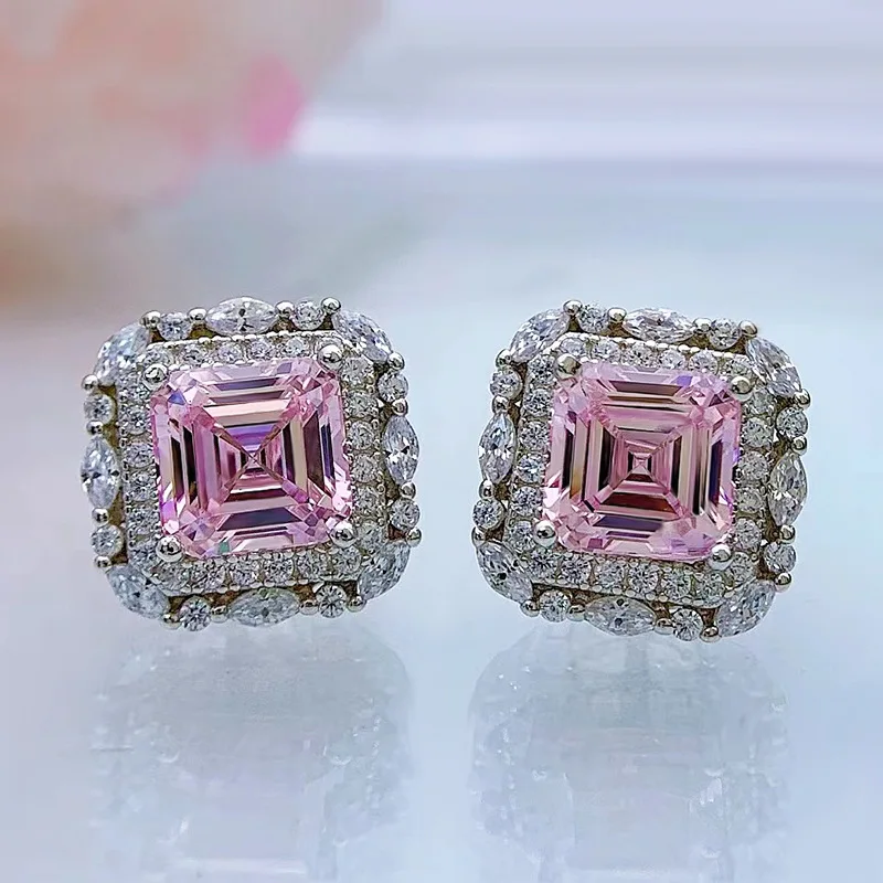 Asscher Cut Pink Moissanite Diamond Stud Earring 100% Real 925 sterling silver P - £56.07 GBP