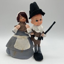 Pair Vtg Kitsch Pilgrim Dolls Thanksgiving Rubber Face Pixie Elf Boy Girl 7&quot; - £14.41 GBP