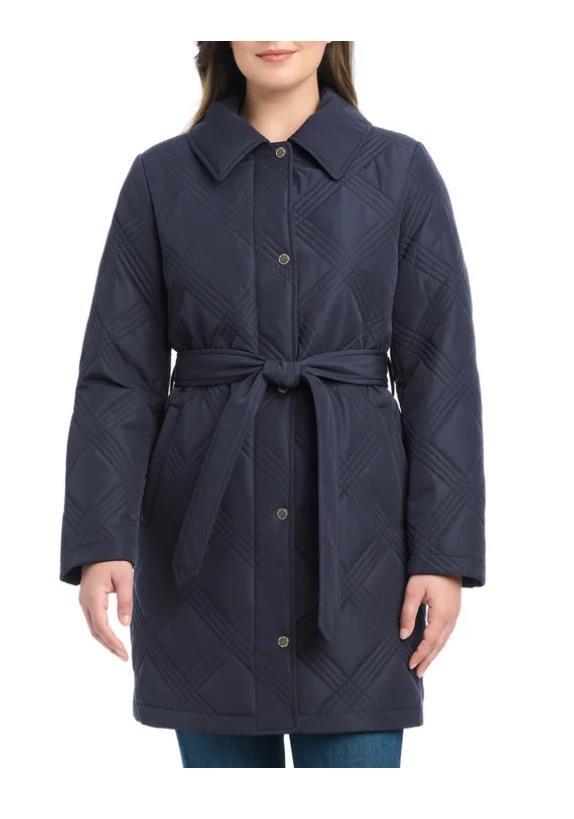 Jones New York Womens Jacket Navy Blue Quilt Hood Tie Belt Pockets Heavyweight Item image 4