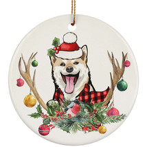 Cute Shiba Inu Dog With Antlers Reindeer Flower Christmas Circle Ornament Gift - £13.38 GBP