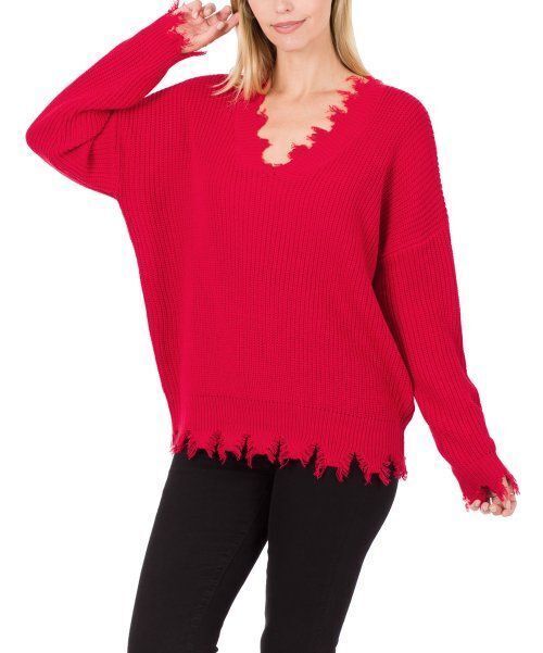 MSRP $25 Zenana Ruby Distressed Drop-Shoulder Double V-Neck Sweater Ruby... - $11.39