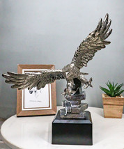 Electroplated Pewter Silver Bald Eagle With Open Wings Soaring Over Rock Statue - £55.94 GBP