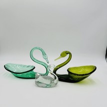 Viking Swan Figurines Art Glass Green Avocado Clear Vintage MCM Set 3 Pi... - $79.48