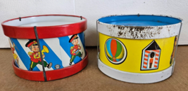 2 Vintage Ohio Art Tin Toy Drum Circus toys Marching Band 6” Tin Drum C - $45.47