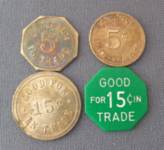 Old Trade Tokens 5 &amp; 15 Cents Bar Tavern Merchandise Restaurant Lot of 4 - $29.99