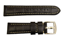 22mm croco-grain Leather  Watch Band BLACK padded strap silver tone buckle - £15.94 GBP