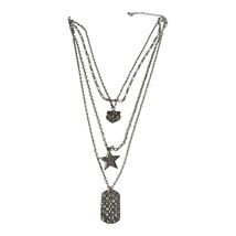 Y2K Layered Silver Tone Necklace with Star Crest and Dog Tag Charms - $17.10