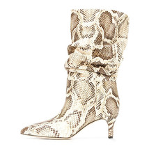 Women&#39;s Boots Snakeskin Print Pleated Mid Heel Party Shoes Pointed Toe Slip On S - £83.13 GBP
