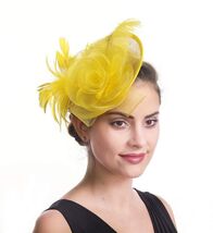 SAFERIN Fascinator Hair Clip Bowler Feather Flower Veil Wedding Hat Yellow - $248.15 MXN