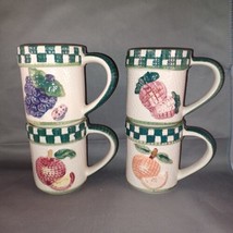 Set of 4 Coffee Cups Mugs White Stoneware Fruit Checkered Nubby Decorated  - $28.04