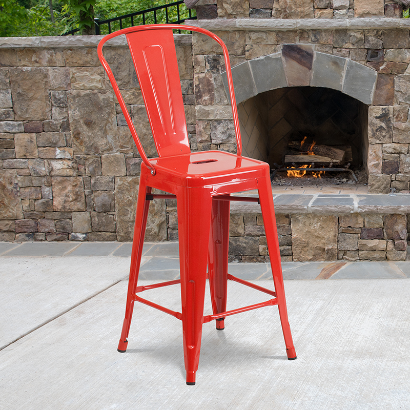 24" Red Metal Outdoor Stool CH-31320-24GB-RED-GG