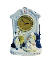 Vtg Colonial Mantle Clock Blue &amp; White Porcelain Man &amp; Violin Woman &amp; Ha... - $64.50
