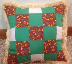 Old Antique Vintage Handmade Patchwork Throw Pillow Check Checkered fringe - £15.57 GBP