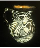 Black White Hand-Painted Glazed Pitcher w Birds Glitter Mexico 1492 4 3/... - $565.19 MXN