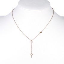 Rose Tone Y Style Necklace With Clover Key &amp; Swarovski Style Crystal - $24.99