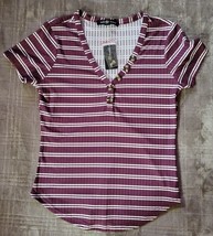 Belle Tweed Burgundy And White Striped Ribbed Tee Large NWT - $5.53