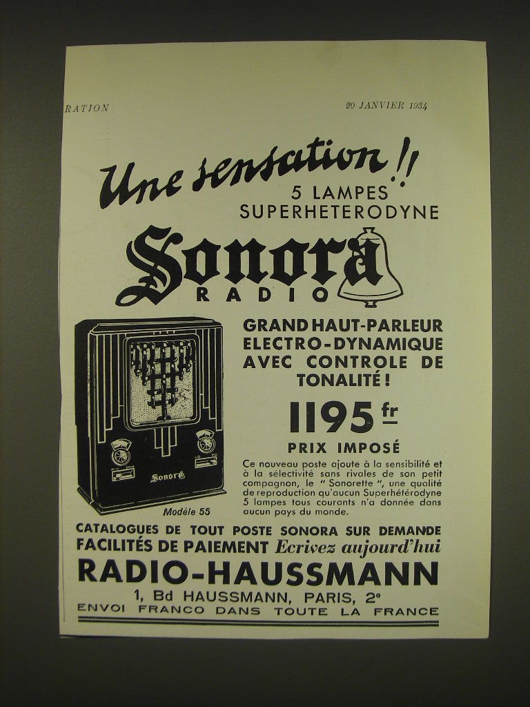 1934 Radio-Haussmann Sonora Radio Model 55 Ad - in French - Une sensation!! - £14.44 GBP